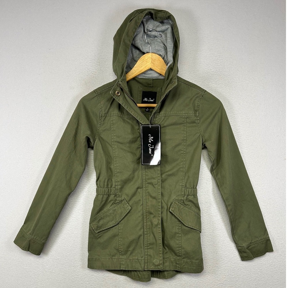 Utility Gorpcore Me Jane Womens‎ 8 Olive Green Hooded Cinched Waist Field Jacket